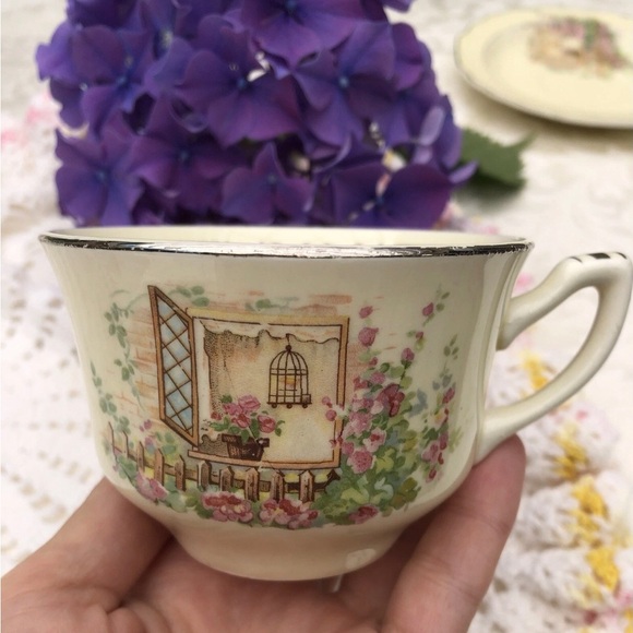 1930s W.S. George Teacup and Saucer Set LIDO Canarytone Silver Edge Trim - Picture 9 of 14